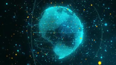 Veri noktaları ve çizgileriyle dönen dijital küre, küresel ağ animasyonu. Teknoloji, fütüristik, bağlantılar, veri görselleştirme, yenilik, siber alan