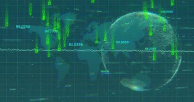 Dijital dünya ve dünya haritası animasyonu üzerinde ikili kod ve sayısal veriler. Teknoloji, bilgi, fütüristik, siber alan, ağ oluşturma, küresel