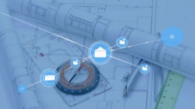 Animasyon ağ bağlantıları ile planlar ve pusula oluşturuldu. Mimarlık, mühendislik, taslak, tasarım, planlama, araçlar