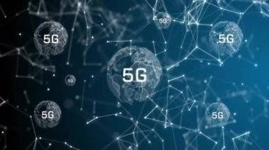 5G ağ bağlantı animasyonu dijital dünya ve birbirine bağlı çizgiler üzerinde. Teknoloji, küresel, iletişim, veri, internet, kablosuz