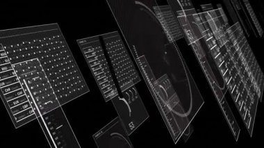Çeşitli grafik ve grafiklerle siyah arkaplan üzerinde dijital veri ve analitik animasyon. istatistik, bilgi grafikleri, teknoloji, bilgi, ölçüler, gösterge paneli
