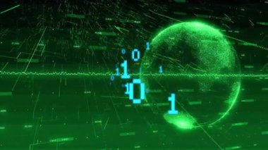 İkili kod ve dijital küre, yeşil arkaplan üzerinde veri işleme animasyonu. Teknoloji, siber uzay, ağ, bilgisayar