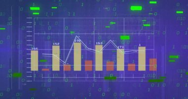 Finansal veriler ve bar ve çizgi grafikleri üzerinde ikili kod animasyonu. Finans, veri analizi, borsa, grafikler, çubuk grafiği, dalgalanmalar