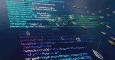 Deniz manzarası üzerinde veri işleme resmi. Dijital olarak oluşturulmuş küresel bağlantılar, hesaplama ve veri işleme kavramı.