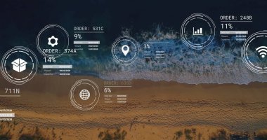 Manzara üzerinde simge ve veri işleme ağının resmi. Dijital olarak oluşturulmuş küresel bağlantılar, hesaplama ve veri işleme kavramı.