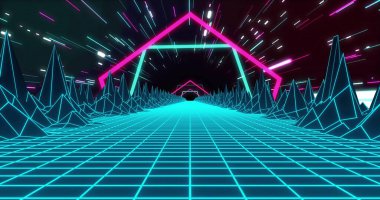 Siyah arkaplanda neon patenti olan resim oyunu ekranının resmi. Dijital resim oyunu, dijital arayüz, iletişim, hesaplama ve veri işleme kavramı dijital olarak oluşturuldu.