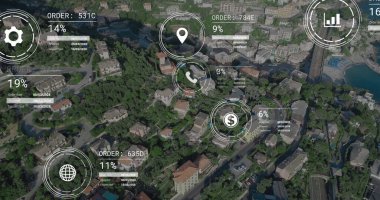 Manzara üzerinde simge ve veri işleme ağının resmi. Dijital olarak oluşturulmuş küresel bağlantılar, hesaplama ve veri işleme kavramı.