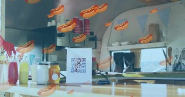 Sosisli sandviç animasyonu, yemek kamyonu iç mekanında QR kodu ve mutfak malzemeleriyle. Fast food, sokak yemeği, dijital menü, markalaşma, pazarlama, restoran konsepti