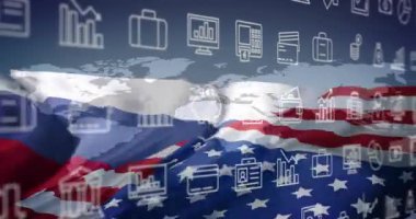 Amerikan bayrağı ve dünya haritası sallanırken iş ve finans simgeleri canlanır. ekonomi, küresel, yatırım, ABD, semboller, büyüme