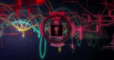Renkli dijital ağ bağlantıları üzerine simge canlandırmasını kilitle. Güvenlik, veri, şifreleme, teknoloji, siber, koruma