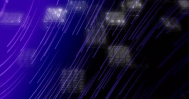 İkili kod ve veri işleme animasyonu mor çizgilerle dijital ızgara üzerinde. Teknoloji, kodlama, fütürist, ağ, siber, bilgi