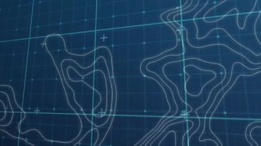 Topoğrafik harita çizgileri ve mavi arkaplan üzerindeki ızgara canlandırılıyor. Haritalama, animasyon, haritalama, coğrafya, topoğrafya, arazi