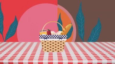 Ekmek ve meyveli piknik sepeti kareli masa örtüsü, renkli animasyon arka planı. Yiyecek, açık hava, yaz, atıştırmalık, taze