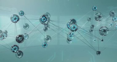 Dünya haritası animasyonu üzerinde birbirine bağlı düğümler ve veri işleme ağı. Teknoloji, dijital, ağ, bağlantı, küresel, bilgi