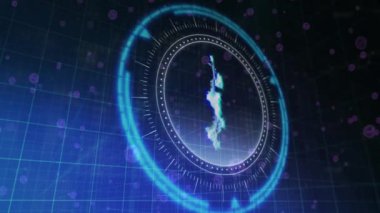 Dönen dairesel elementlerle dijital arayüz ve parlayan parçacıklar animasyonu. Teknoloji, fütürist