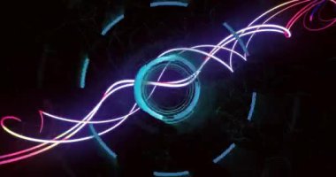 Dönen dairesel şekiller ve karanlık arkaplan üzerinde neon ışıkları animasyonu. Soyut, fütüristik, modern, ışıltılı, enerjik, dinamik