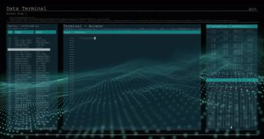 Dijital şebeke ve dalga animasyonu üzerinden kod ve veri terminali erişimi programlanıyor. Teknoloji, fütürist, arayüz, siber uzay, kodlama, yazılım kavramı