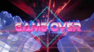 Oyun bitti metni neon geometrik şekiller ve fütüristik manzara animasyonunda. Oyun, dijital sanat, fütürizm, siber, teknoloji, retro