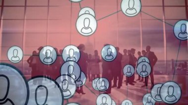 Ofiste çalışan çeşitli iş adamları üzerinde ağ simgeleri oluşturmak. takım çalışması, teknoloji, çeşitlilik, işbirliği, yenilik, animasyon