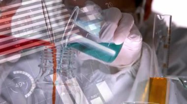 Bilimsel veri animasyonunu analiz etmek için beherlere renkli sıvılar döküyorum. Bilim, deney, araştırma, kimya, analiz, bilim adamları