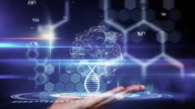 DNA ipliği ve bilimsel veri işleme animasyonu el ve altıgen desenler üzerinde. Bilim, teknoloji, genetik, biyoteknoloji, araştırma, yenilik