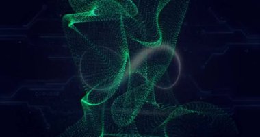 Soyut yeşil parçacık dalgaları karmaşık şekiller oluşturuyor, dijital veri animasyonu. Gelecek, hareket, teknoloji, arkaplan, dinamik