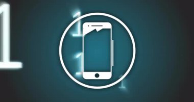 Koyu mavi arkaplan üzerinde ikili kod animasyonu olan akıllı telefon simgesi. Teknoloji, dijital, veri, aygıt, arayüz, iletişim