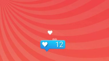 Kırmızı spiral arka planda yüzen kalpler ve uyarı animasyonu. Aşk, romantizm, sosyal medya, bildirimler, beğeni, dijital sanat