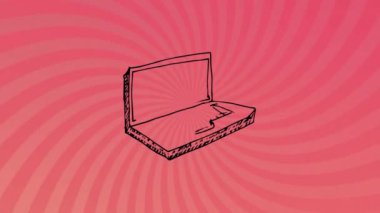Pembe spiral arka planda video arama animasyonu olan bir laptop. Teknoloji, iletişim, sanal toplantı, video konferansı, dijital, ekran