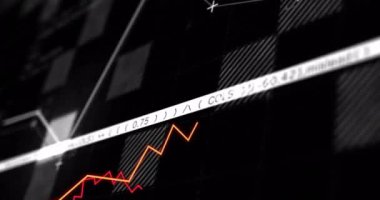 Finansal veri grafikleri ve siyah arkaplan üzerinde kodlama animasyonu. Finans, teknoloji, analiz, yatırım, dijital, iş konsepti