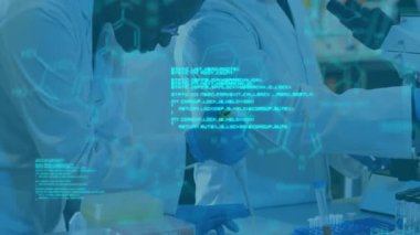 Laboratuvarda kimyasal formüllerle çalışan bilim adamları üzerlerinde animasyon yapıyorlar. Bilim, araştırma, kimya, deney, teknoloji, yenilik