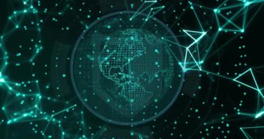 Ağ bağlantıları ve veri işleme animasyonuna sahip dijital dünya. Teknoloji, bağlantı, küresel, internet, fütüristik, iletişim kavramı