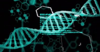 DNA ipliği ve moleküler yapılar, bilimsel araştırma animasyonu. Bilim, genetik, teknoloji, veri, biyoloji, kimya kavramı