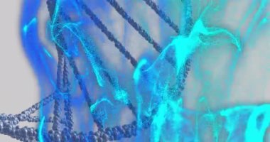 DNA iplikleri, mavi parçacıklar, bilimsel veri işleme animasyonu. Bilim, biyoteknoloji, genetik, araştırma, moleküler, sarmal kavramı