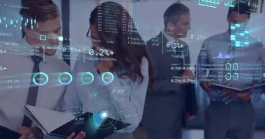 Finansal raporları analiz etmek, ofiste veri animasyonu yapan iş adamları. analiz, finans, takım çalışması, teknoloji, strateji, kurumsal kavram