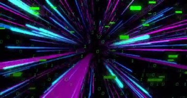 Renkli ışık çizgileri üzerinden ikili kod ve veri akışı animasyonu. Teknoloji, dijital, siber, fütürist, soyut, kodlama kavramı