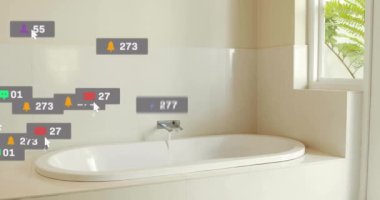 Modern banyo üzerinde beyaz küvetli sosyal medya animasyonları. Teknoloji, dijital, mesajlaşma, iletişim, tuvalet 