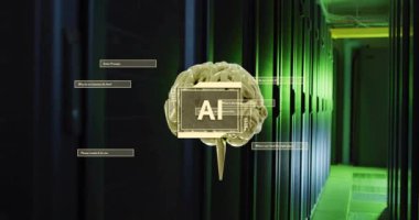 Sunucu odasında yeşil ışıklandırmalı yapay zeka animasyonu. Teknoloji, yapay zeka, veri, fütüristik, dijital, yenilik