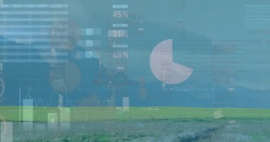 Veri analizi ve grafikler yeşil alanlı manzara üzerinde animasyon. teknoloji, tarım, yenilik, görselleştirme, doğa kavramı