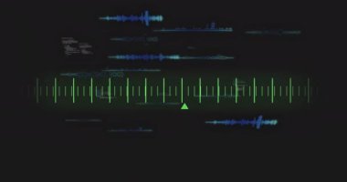 Ses dalgaları ve frekans çubukları koyu arkaplan üzerinde animasyon. müzik, ses, teknoloji, dijital, soyut, hareket