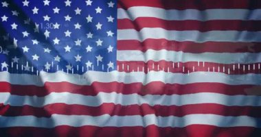Amerikan bayrağı animasyonuyla ilgili finansal veri işleme. Finans, işletme, ekonomi, borsa, yatırım, analitik