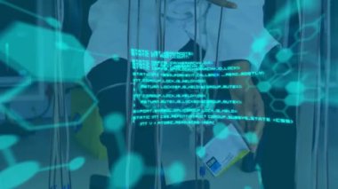 Laboratuvar ekipmanlarıyla çalışan bilim adamları üzerinde bilimsel veriler ve beyin animasyonu. Bilim, araştırma, teknoloji, yenilik, analiz, deney