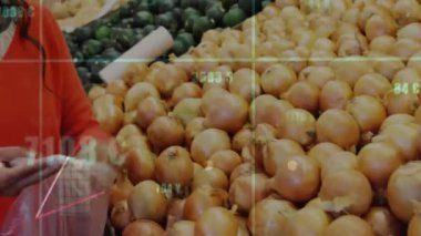 Sebze alışverişi yapan kadınlar için finansal veriler ve borsa animasyonu. Maliye, yatırım, bakkaliye, ekonomi, teknoloji, veri analizi