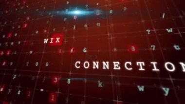 Kırmızı arkaplanda dağınık harf ve sayılarla internet metin animasyonu. Dijital, tipografi, hareket, kodlama, matris, teknoloji