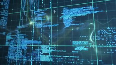 Kod ve veri görselleştirmesi programlanıyor. Izgara arkaplanı üzerinde canlandırılıyor. Teknoloji, kodlama, animasyon, dijital, fütürist