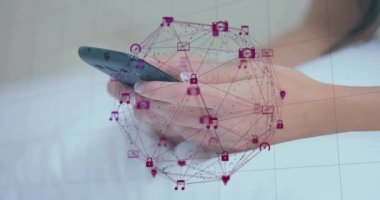 Akıllı telefonu tutan, sosyal medya ağı simgeleriyle çevrili biri. teknoloji, iletişim, bağlantı, dijital, ağ, çevrimiçi