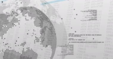 Dünya haritası ve programlama kod animasyonu beyaz arkaplan üzerinde veri noktaları ile. Teknoloji, yazılım, kodlama, ağ, küresel, dijital