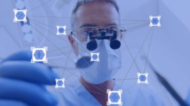 Cerrahların işlemleri üzerine tıbbi ikonlar ve ağ bağlantıları. Cerrahi, teknoloji, sağlık, yenilik, dijital, fütüristik