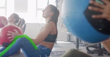 Spor salonunda ilaç toplarıyla egzersiz yapan kadınlar için spor grafiği animasyonu. egzersiz, eğitim, egzersiz, sağlık, güç, teknoloji