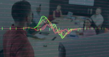 Mali veri grafik animasyonu konferans odasındaki iş toplantısı üzerine. finans, analiz, sunum, takım çalışması, kurumsal konsept